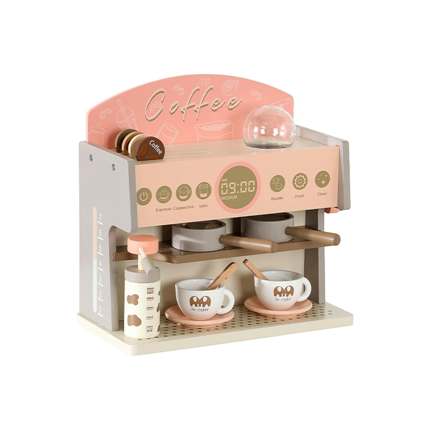 Cafetera de juguete rosa con tazas y accesorios, ideal para niños, vista frontal